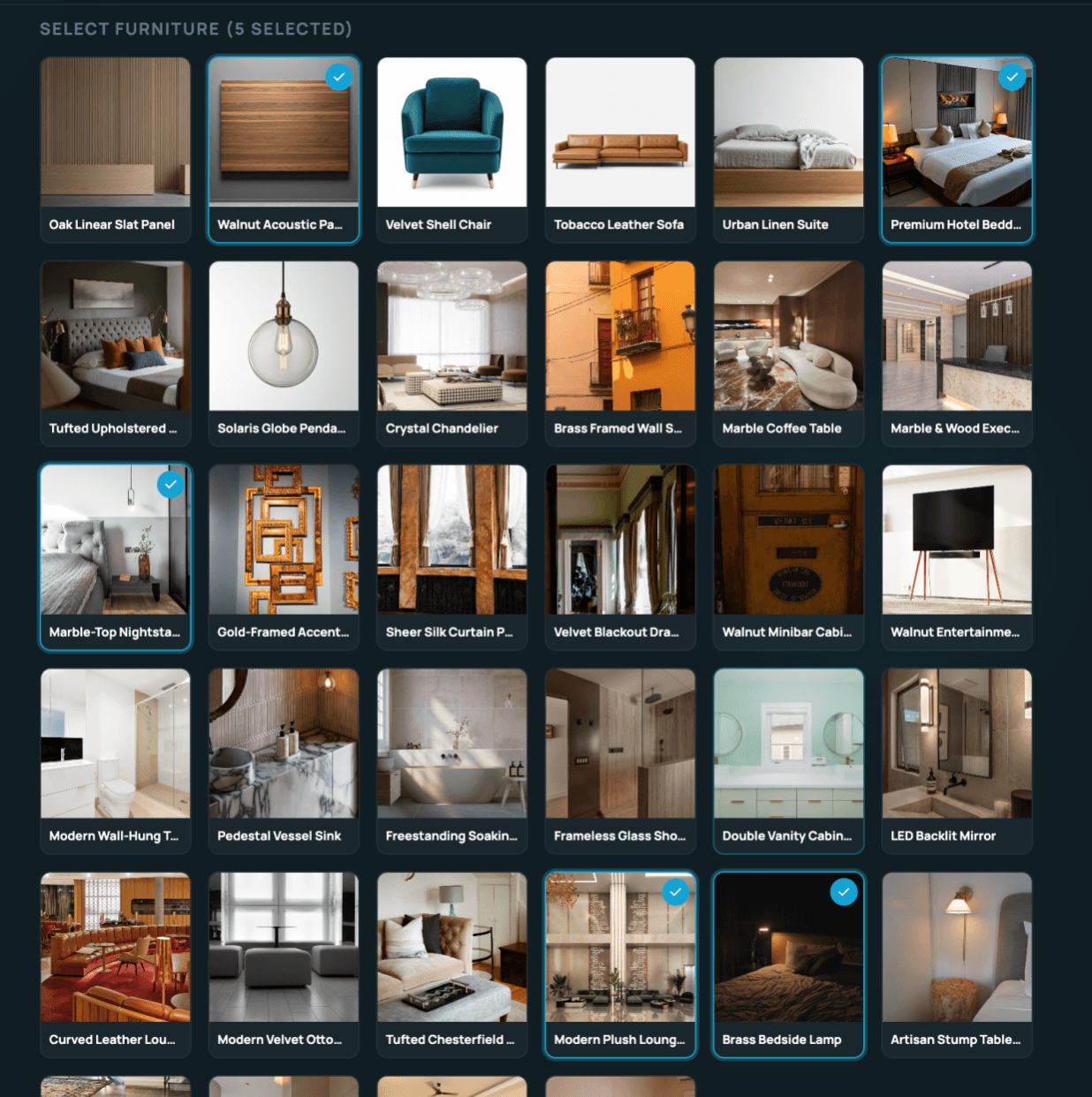 Flur UI — furniture selection with brand presets